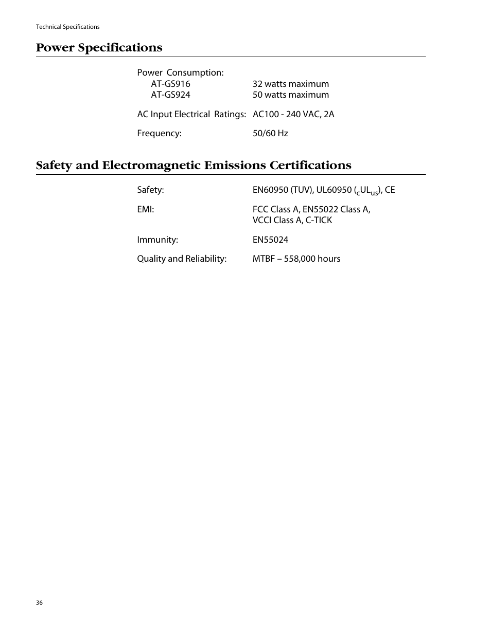Power specifications | Allied Telesis AT-GS924 User Manual | Page 36 / 50