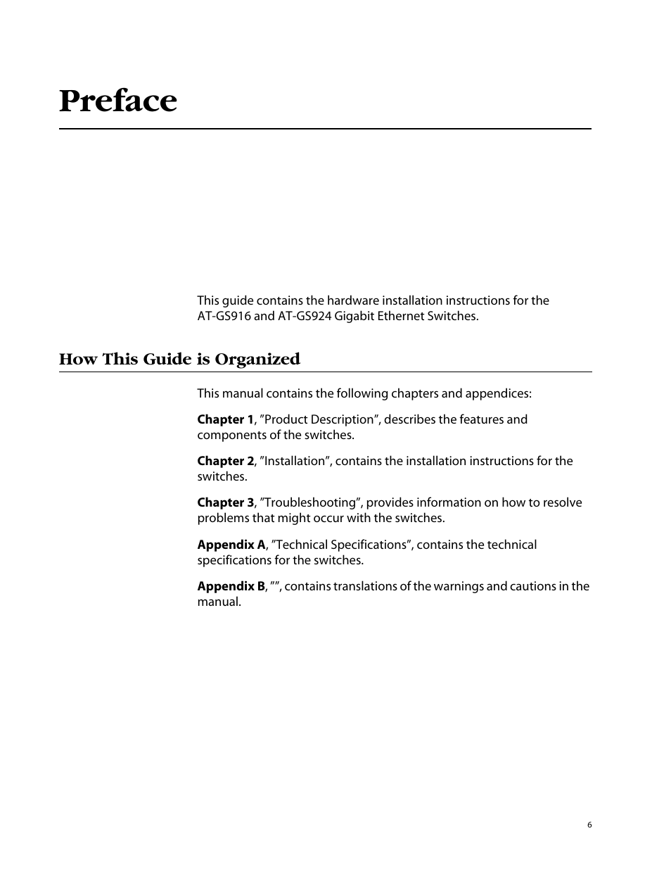 Preface, How this guide is organized | Allied Telesis AT-GS924 User Manual | Page 6 / 50