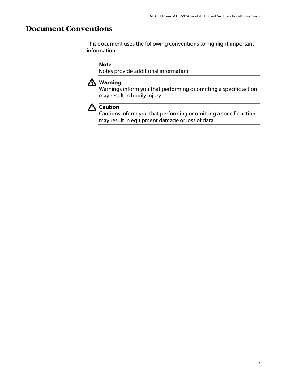 Document conventions | Allied Telesis AT-GS924 User Manual | Page 7 / 50