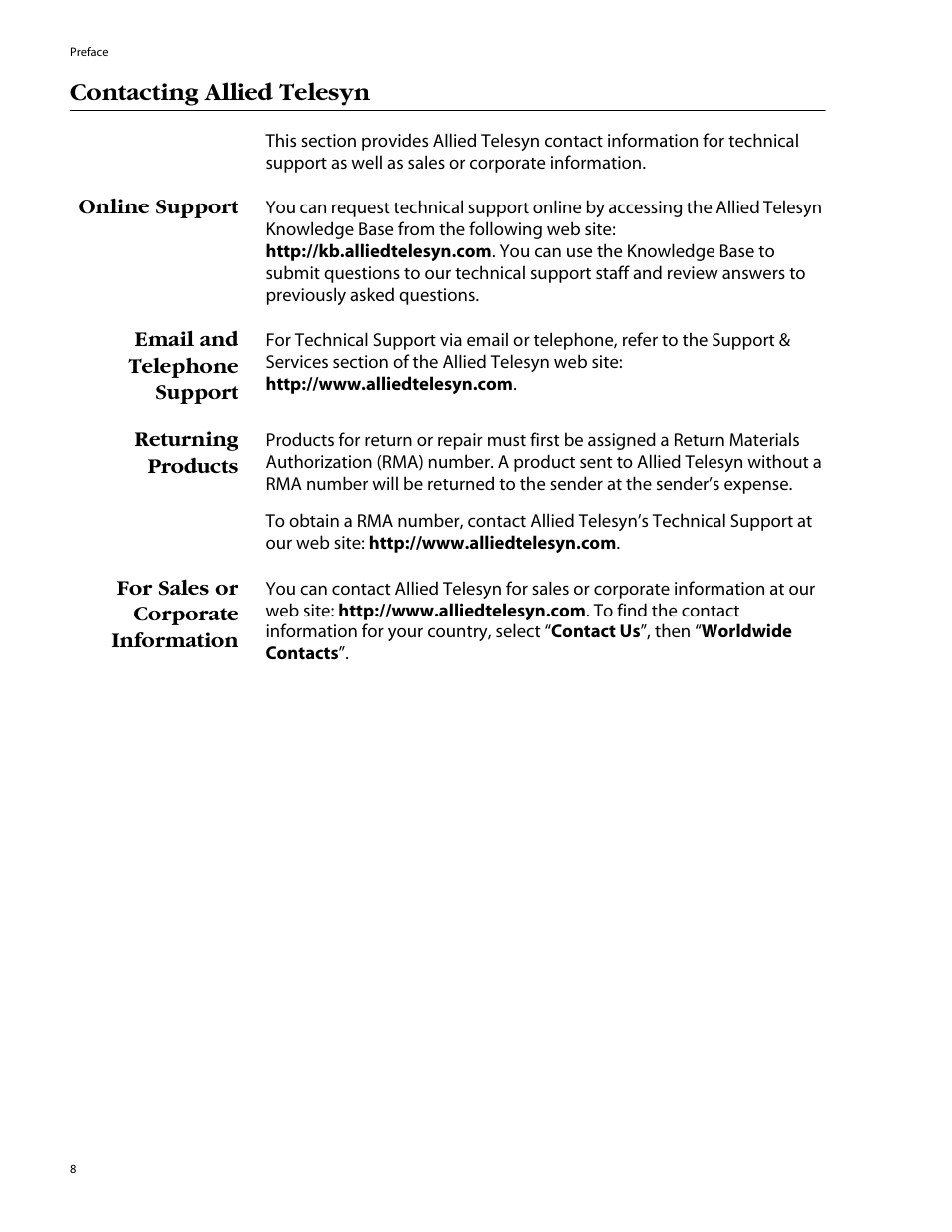Contacting allied telesyn, Online support, Email and telephone support | Returning products, For sales or corporate information | Allied Telesis AT-GS924 User Manual | Page 8 / 50