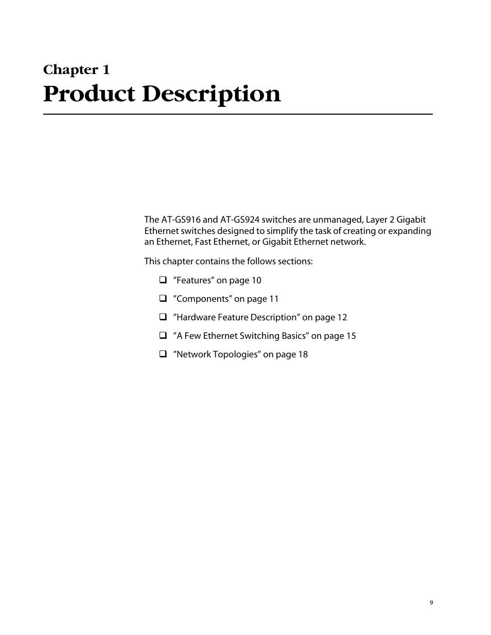 Chapter 1, Product description, Chapter 1 , ”product description | Allied Telesis AT-GS924 User Manual | Page 9 / 50