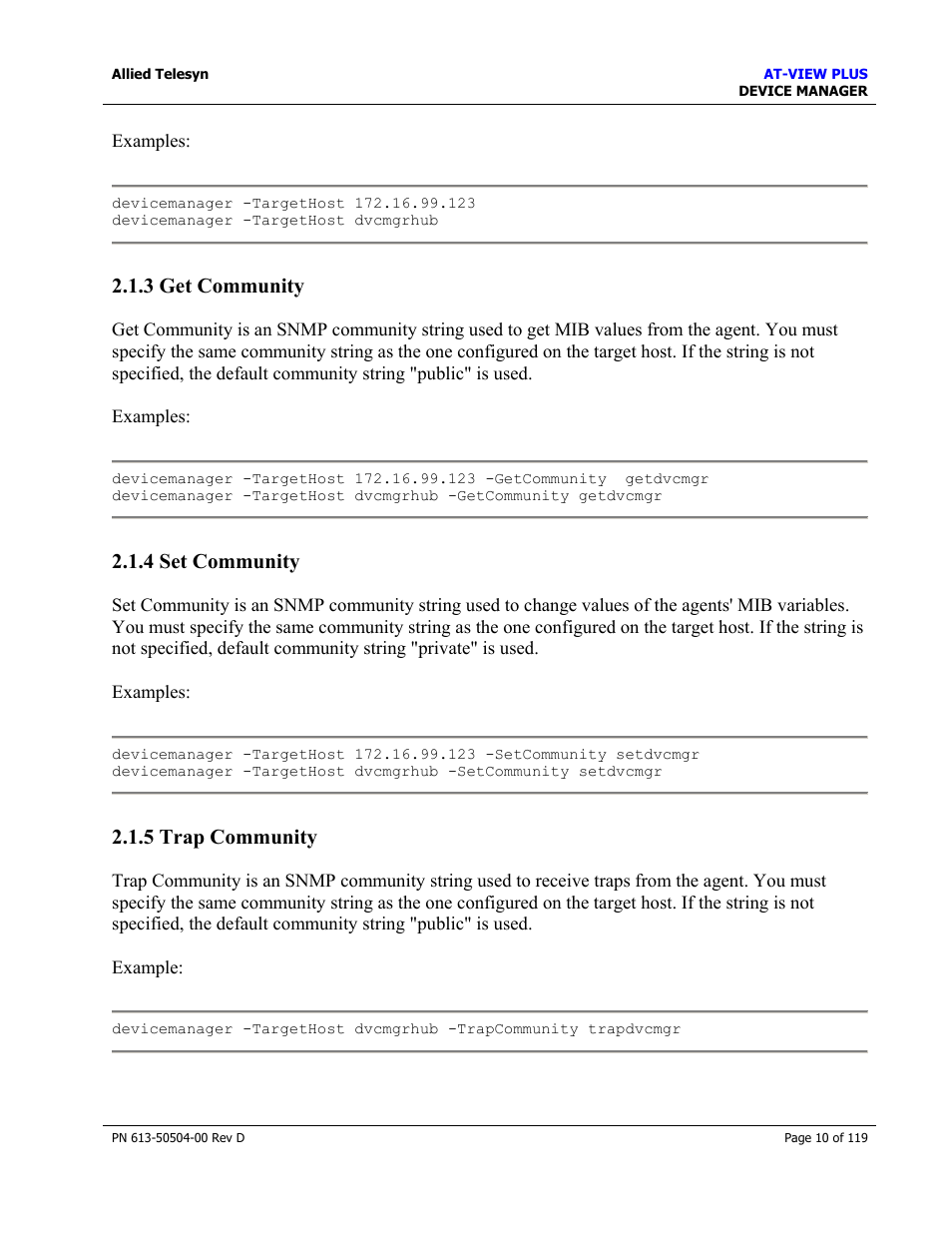3 get community, 4 set community, 5 trap community | Get community, Set community, Trap community, Titlebar string | Allied Telesis AT-VIEW PLUS 2.4 DEVICE MANAGER User Manual | Page 10 / 119