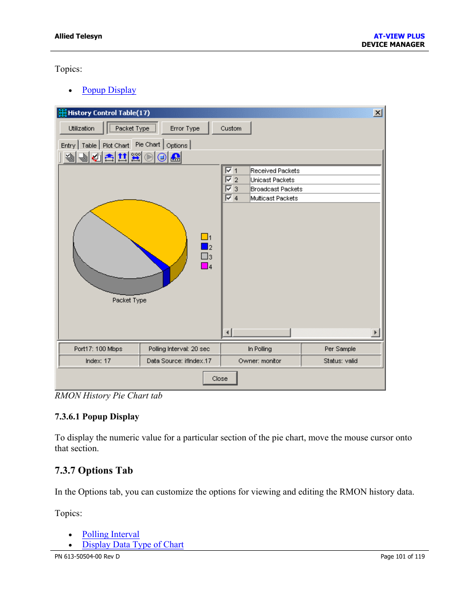 1 popup display, 7 options tab, Options tab | Allied Telesis AT-VIEW PLUS 2.4 DEVICE MANAGER User Manual | Page 101 / 119