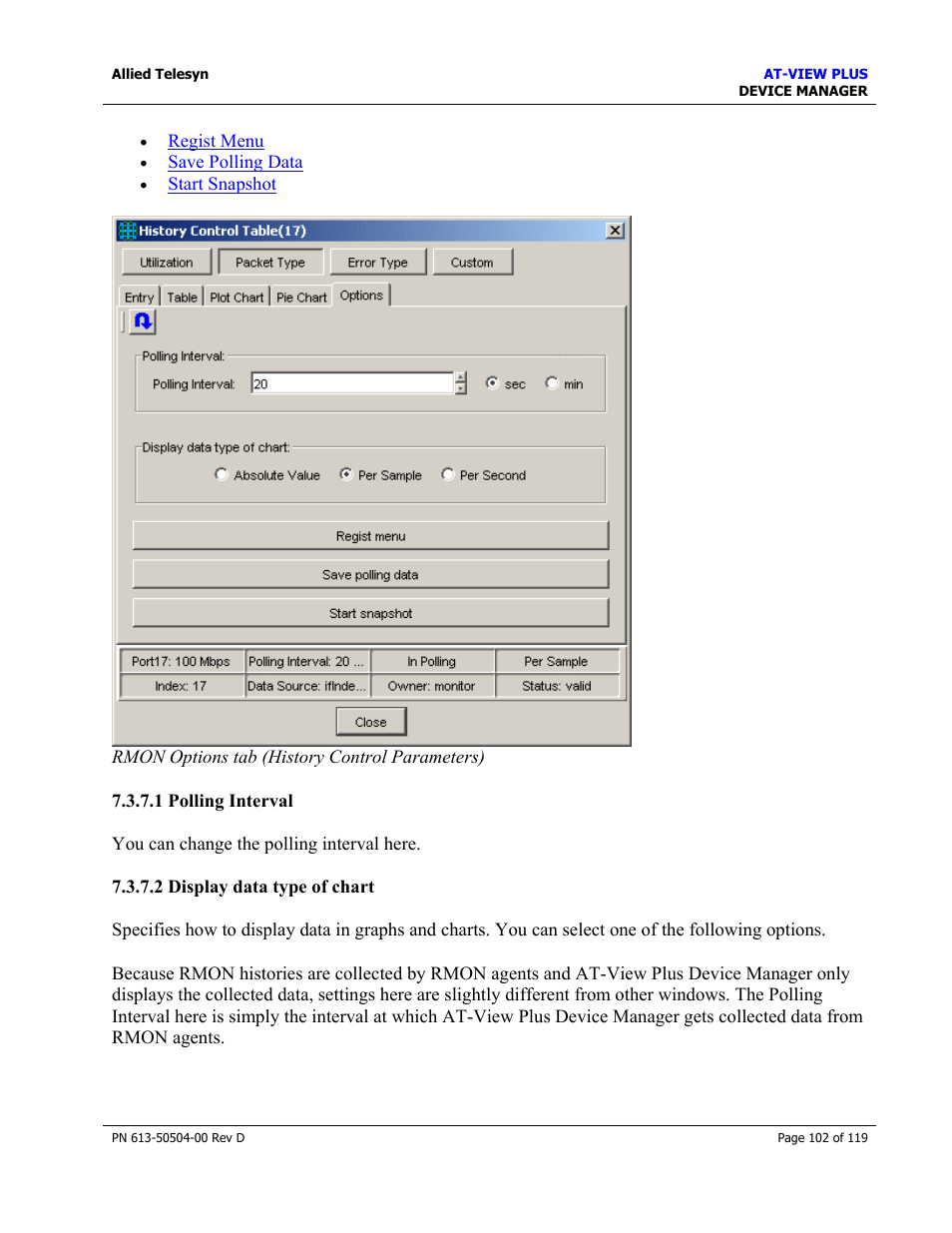 1 polling interval, 2 display data type of chart, Polling interval | Display data type of chart | Allied Telesis AT-VIEW PLUS 2.4 DEVICE MANAGER User Manual | Page 102 / 119
