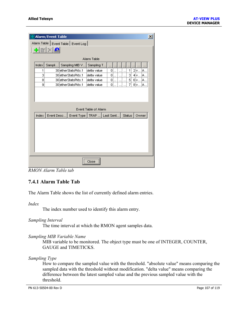 1 alarm table tab, Alarm table tab | Allied Telesis AT-VIEW PLUS 2.4 DEVICE MANAGER User Manual | Page 107 / 119
