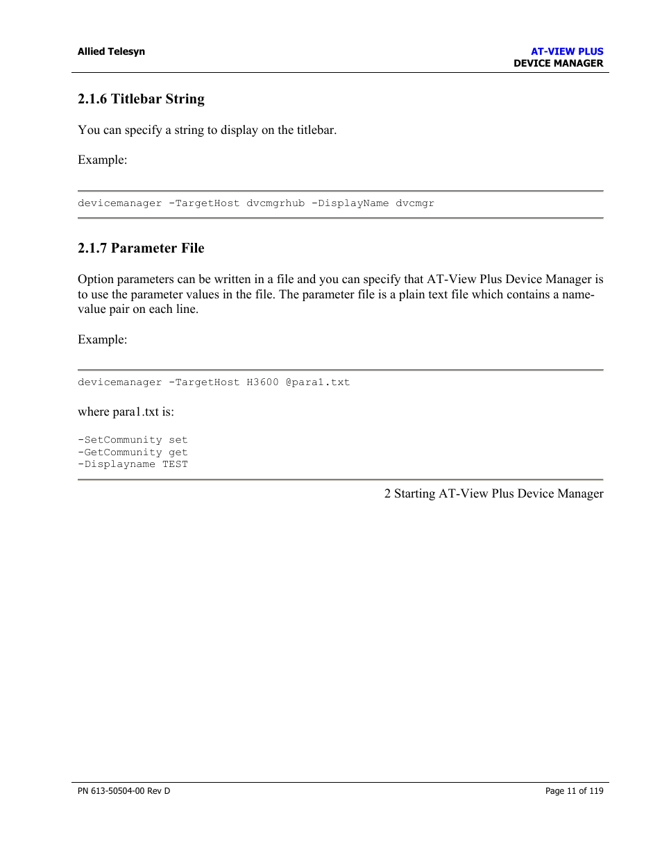 6 titlebar string, 7 parameter file, 6 titlebar string 2.1.7 parameter file | Parameter file | Allied Telesis AT-VIEW PLUS 2.4 DEVICE MANAGER User Manual | Page 11 / 119