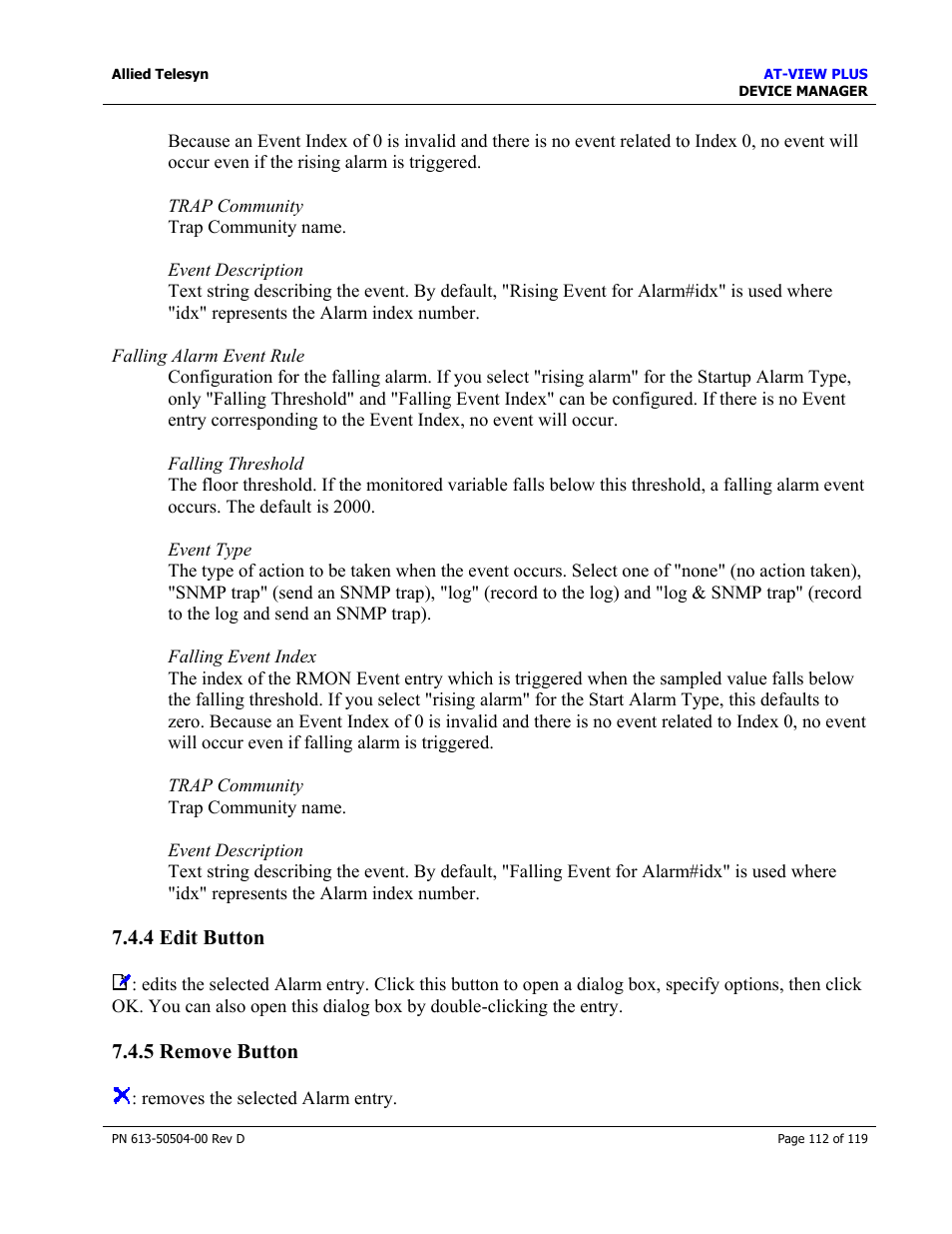 4 edit button, 5 remove button, 4 edit button 7.4.5 remove button | Edit button, Remove button | Allied Telesis AT-VIEW PLUS 2.4 DEVICE MANAGER User Manual | Page 112 / 119