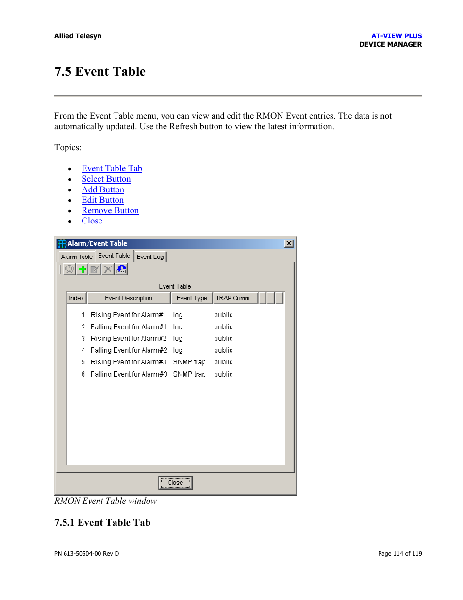 5 event table, 1 event table tab, Event table | Allied Telesis AT-VIEW PLUS 2.4 DEVICE MANAGER User Manual | Page 114 / 119