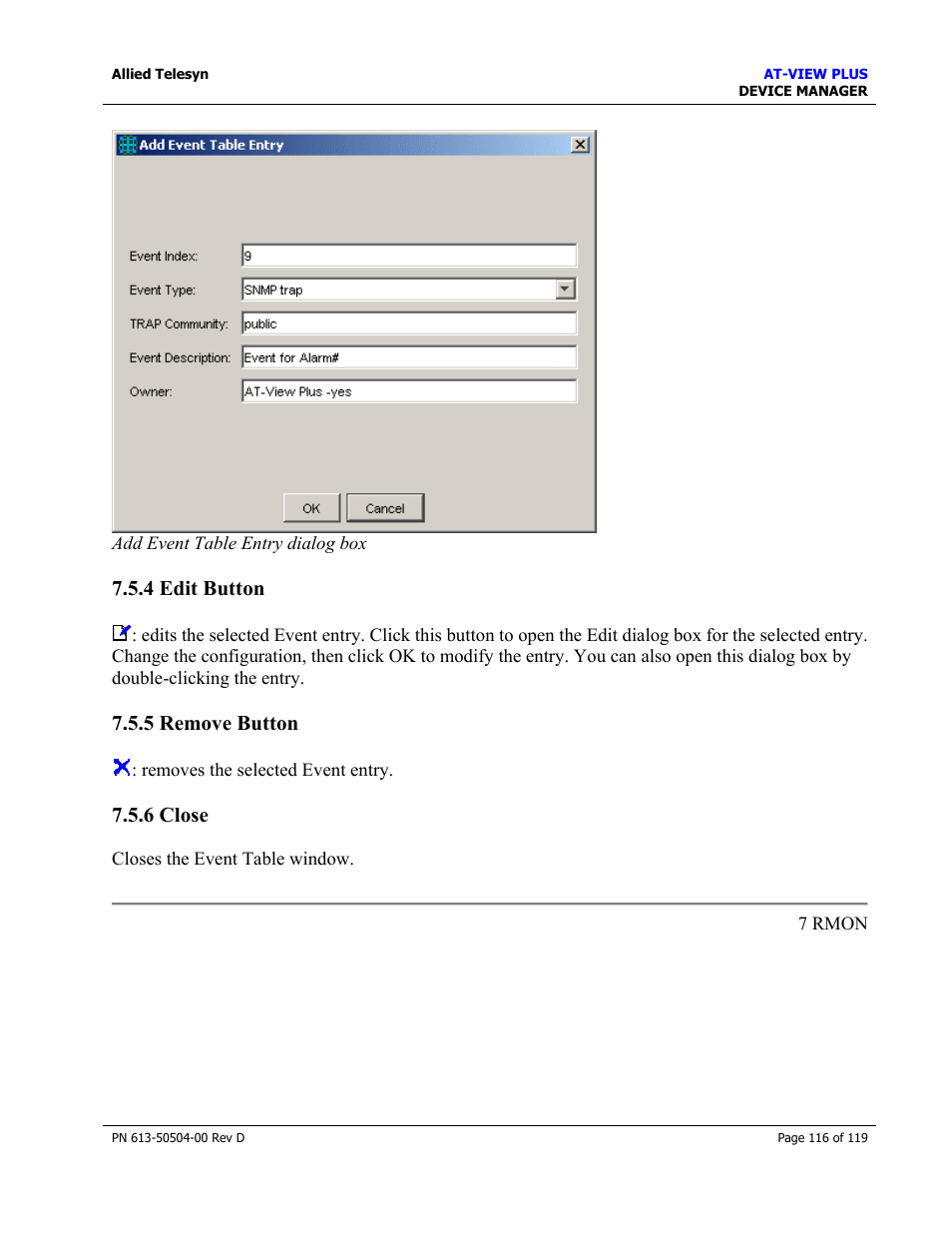 4 edit button, 5 remove button, 6 close | 4 edit button 7.5.5 remove button 7.5.6 close, Edit button, Remove button, Close | Allied Telesis AT-VIEW PLUS 2.4 DEVICE MANAGER User Manual | Page 116 / 119