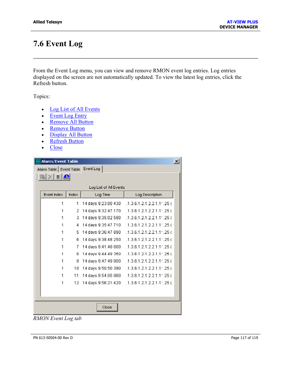 6 event log, Event log | Allied Telesis AT-VIEW PLUS 2.4 DEVICE MANAGER User Manual | Page 117 / 119