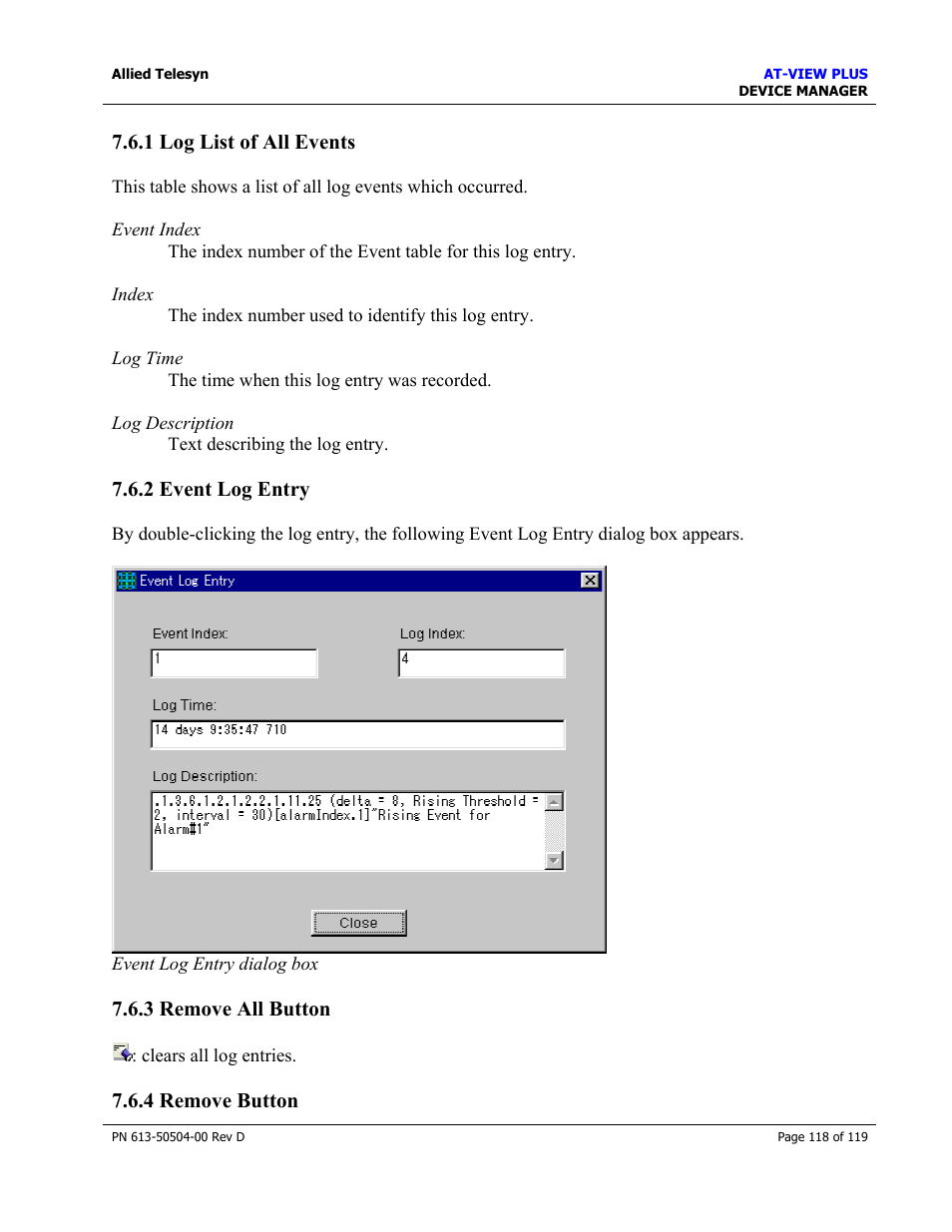 1 log list of all events, 2 event log entry, 3 remove all button | 4 remove button, 1 log list of all events 7.6.2 event log entry, Log list of all events, Event log entry, Remove all button, Remove button | Allied Telesis AT-VIEW PLUS 2.4 DEVICE MANAGER User Manual | Page 118 / 119