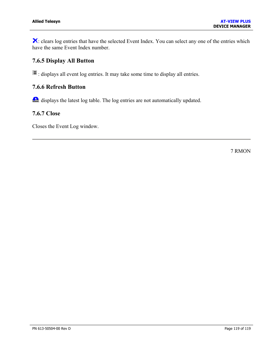 5 display all button, 6 refresh button, 7 close | Display all button, Refresh button, Close | Allied Telesis AT-VIEW PLUS 2.4 DEVICE MANAGER User Manual | Page 119 / 119