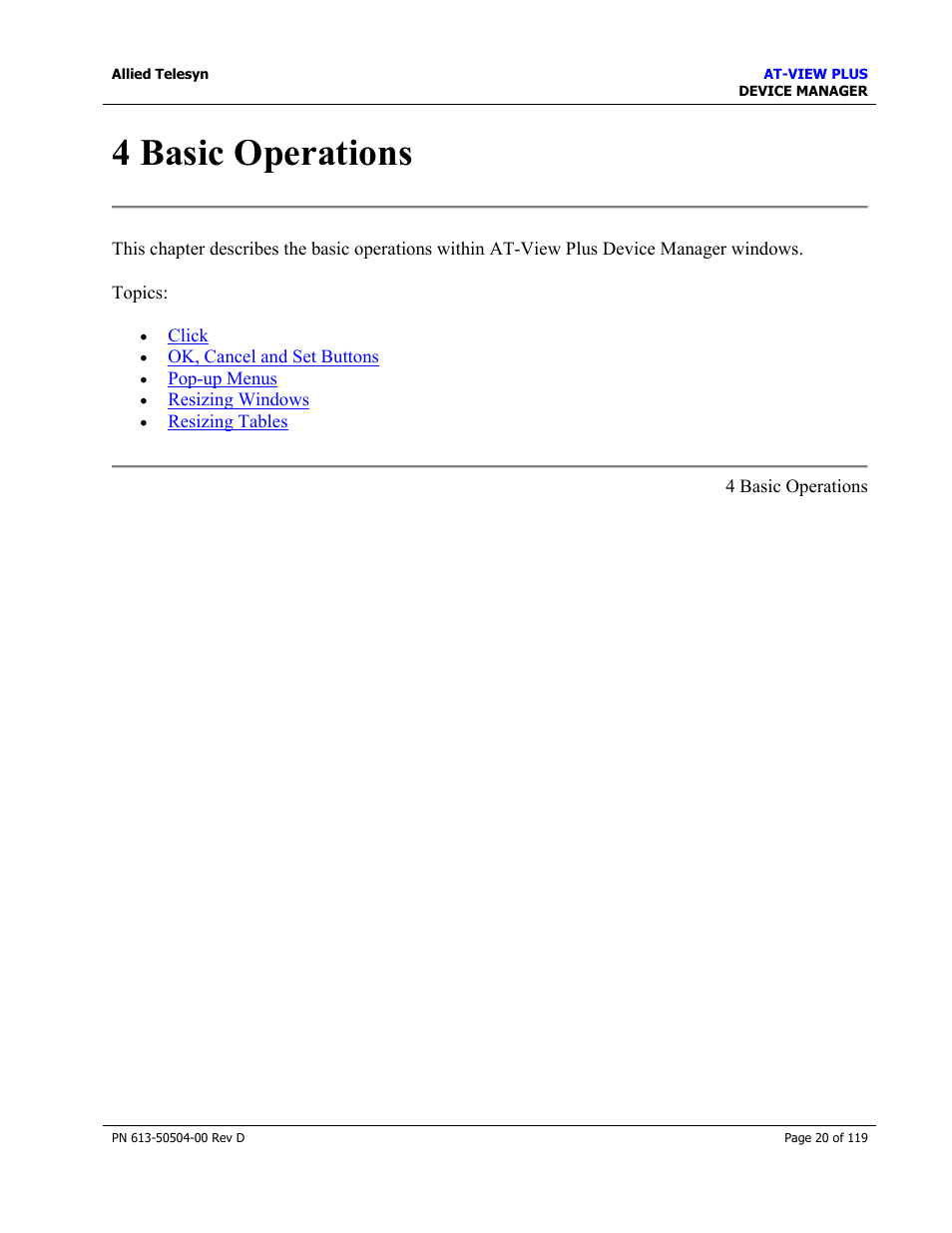 4 basic operations, Basic operations | Allied Telesis AT-VIEW PLUS 2.4 DEVICE MANAGER User Manual | Page 20 / 119