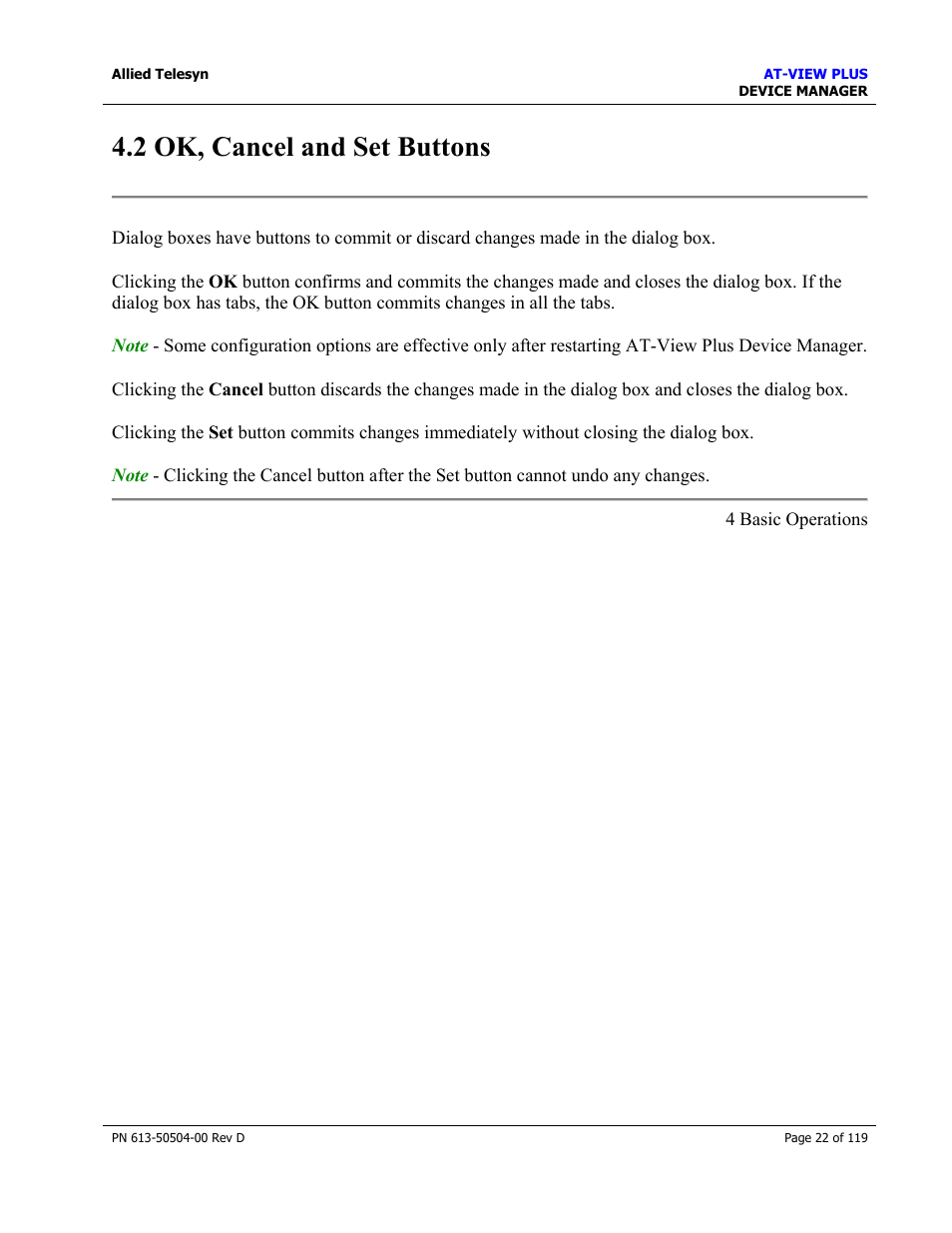 2 ok, cancel and set buttons, Ok, cancel and set buttons | Allied Telesis AT-VIEW PLUS 2.4 DEVICE MANAGER User Manual | Page 22 / 119