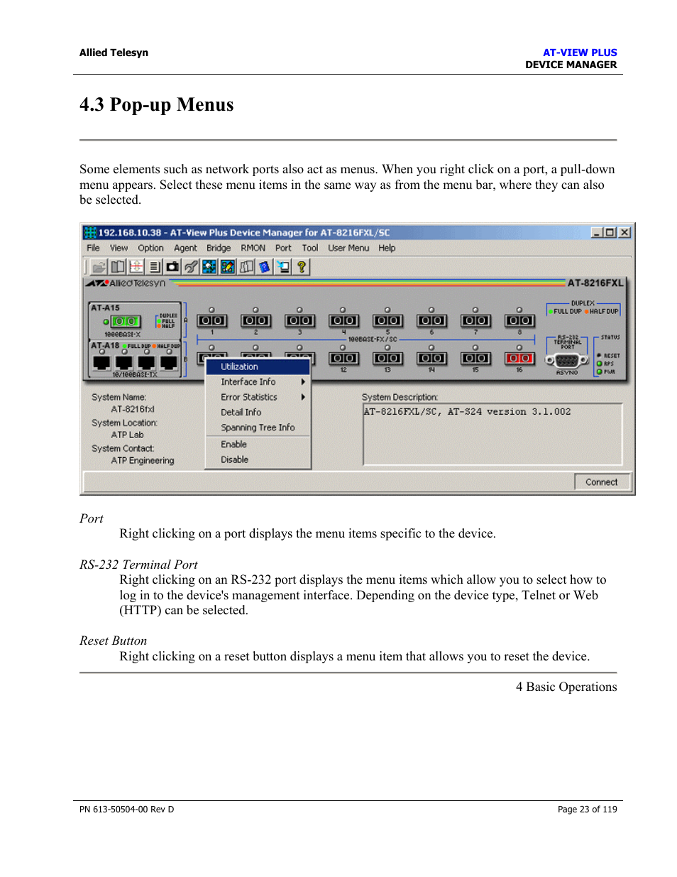 3 pop-up menus, Pop-up menus | Allied Telesis AT-VIEW PLUS 2.4 DEVICE MANAGER User Manual | Page 23 / 119