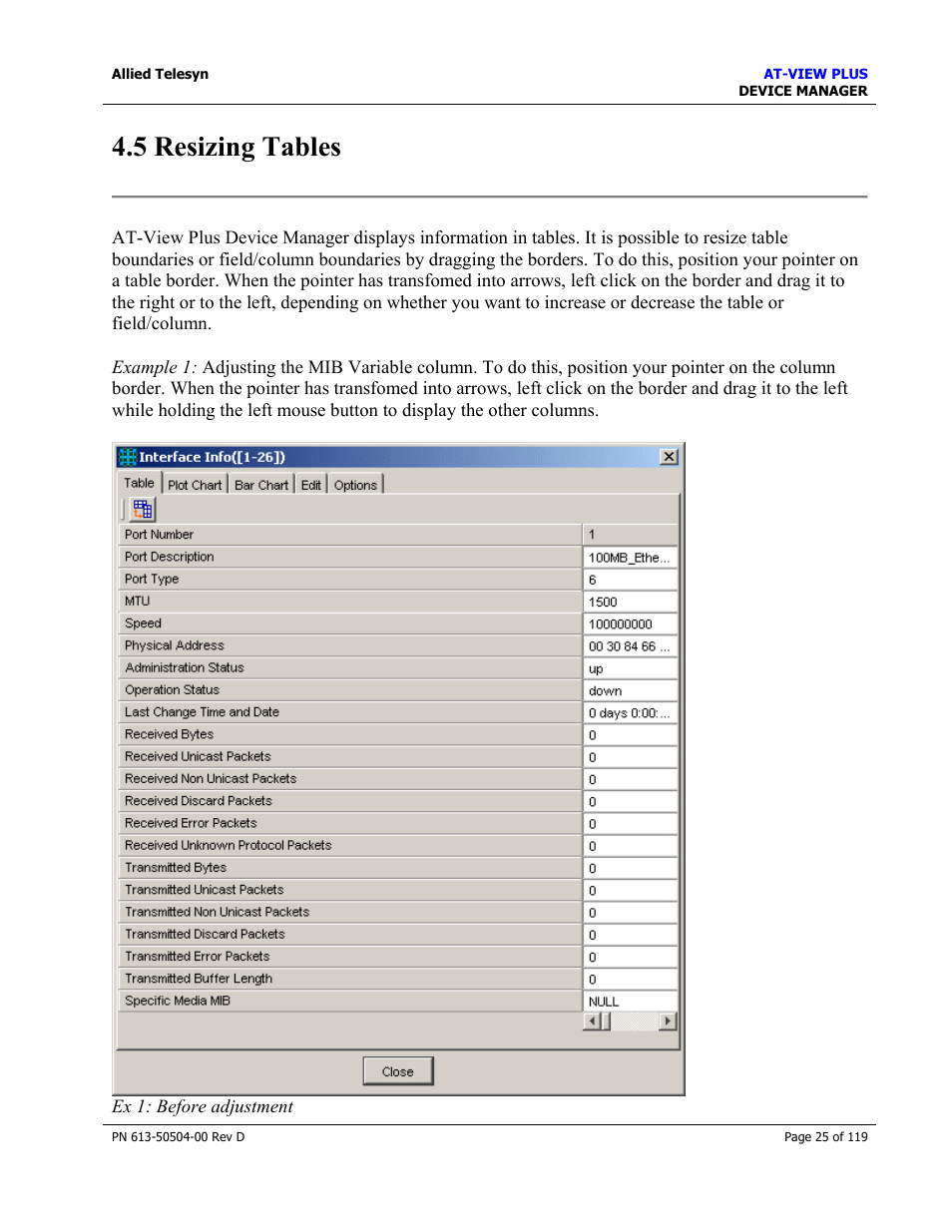 5 resizing tables, Resizing tables | Allied Telesis AT-VIEW PLUS 2.4 DEVICE MANAGER User Manual | Page 25 / 119