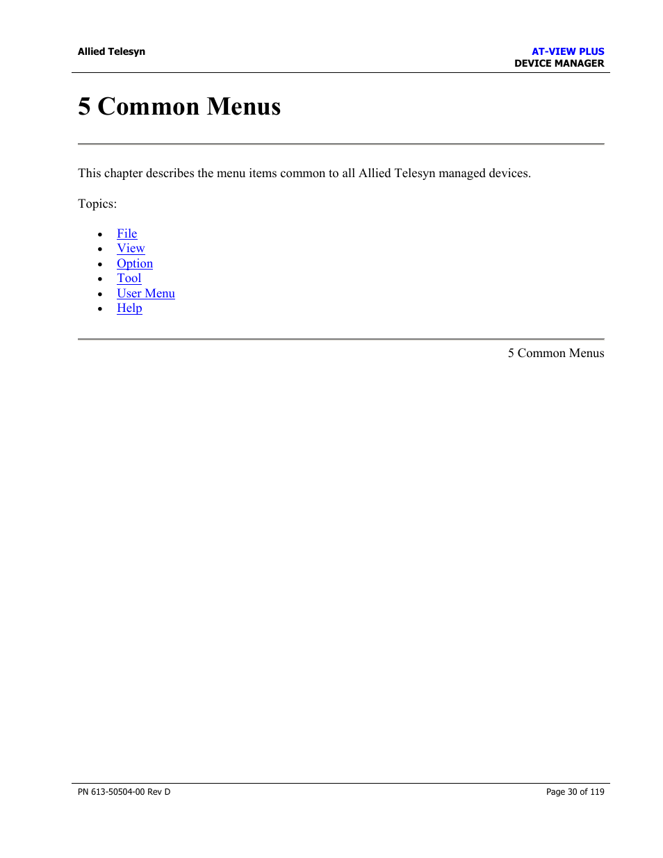 5 common menus, Common menus | Allied Telesis AT-VIEW PLUS 2.4 DEVICE MANAGER User Manual | Page 30 / 119