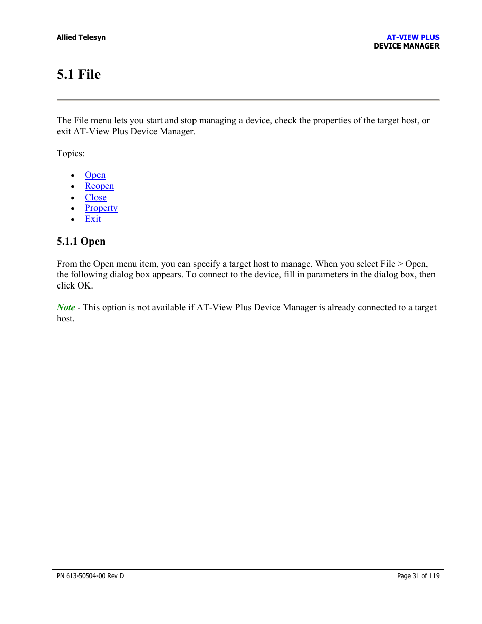 1 file, 1 open, File | Allied Telesis AT-VIEW PLUS 2.4 DEVICE MANAGER User Manual | Page 31 / 119