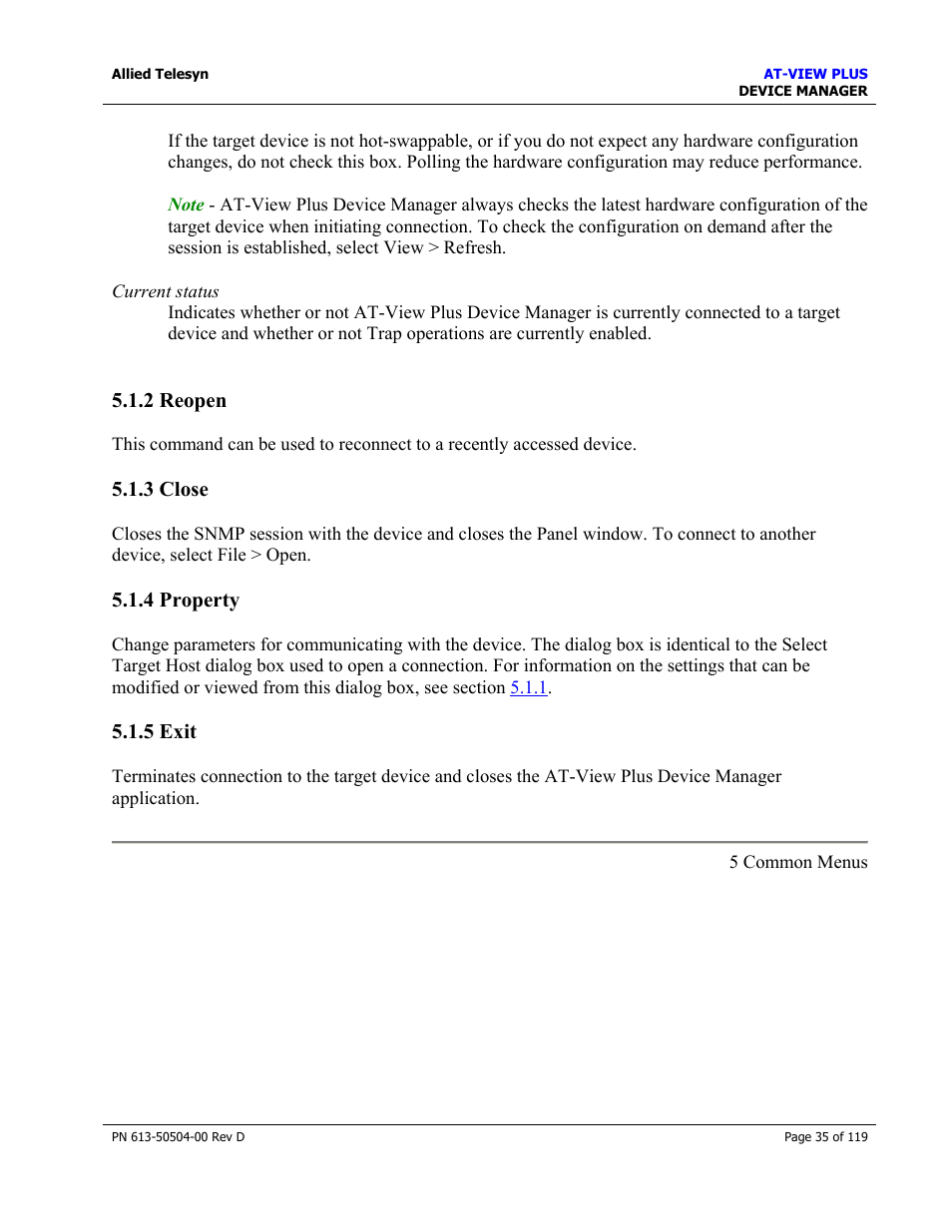 2 reopen, 3 close, 4 property | 5 exit, 2 reopen 5.1.3 close 5.1.4 property 5.1.5 exit, Reopen, Close, Property, Exit | Allied Telesis AT-VIEW PLUS 2.4 DEVICE MANAGER User Manual | Page 35 / 119