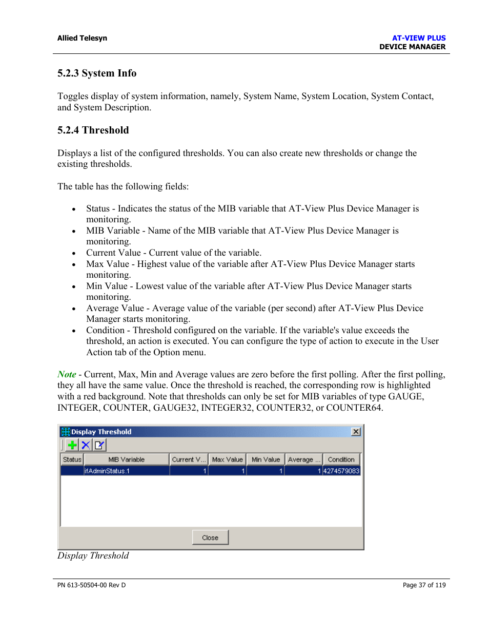 3 system info, 4 threshold, 3 system info 5.2.4 threshold | System info, Threshold | Allied Telesis AT-VIEW PLUS 2.4 DEVICE MANAGER User Manual | Page 37 / 119