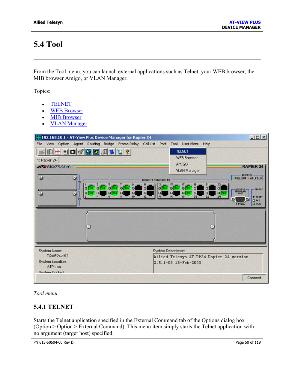 4 tool, 1 telnet, Tool | Allied Telesis AT-VIEW PLUS 2.4 DEVICE MANAGER User Manual | Page 50 / 119
