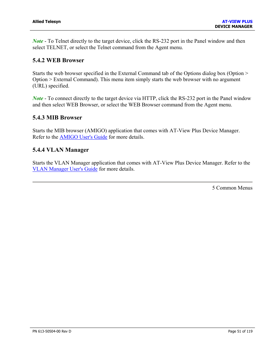 2 web browser, 3 mib browser, 4 vlan manager | 2 web browser 5.4.3 mib browser 5.4.4 vlan manager, Web browser, Mib browser, Vlan manager | Allied Telesis AT-VIEW PLUS 2.4 DEVICE MANAGER User Manual | Page 51 / 119