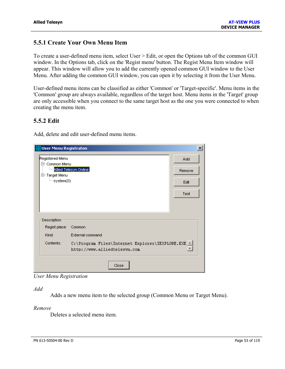1 create your own menu item, 2 edit, 1 create your own menu item 5.5.2 edit | Edit | Allied Telesis AT-VIEW PLUS 2.4 DEVICE MANAGER User Manual | Page 53 / 119