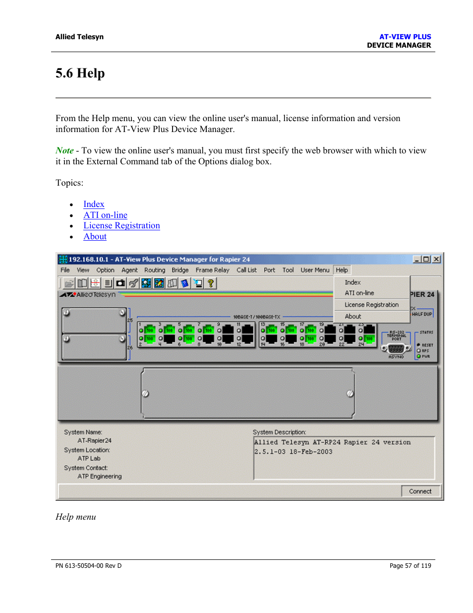 6 help, Help | Allied Telesis AT-VIEW PLUS 2.4 DEVICE MANAGER User Manual | Page 57 / 119