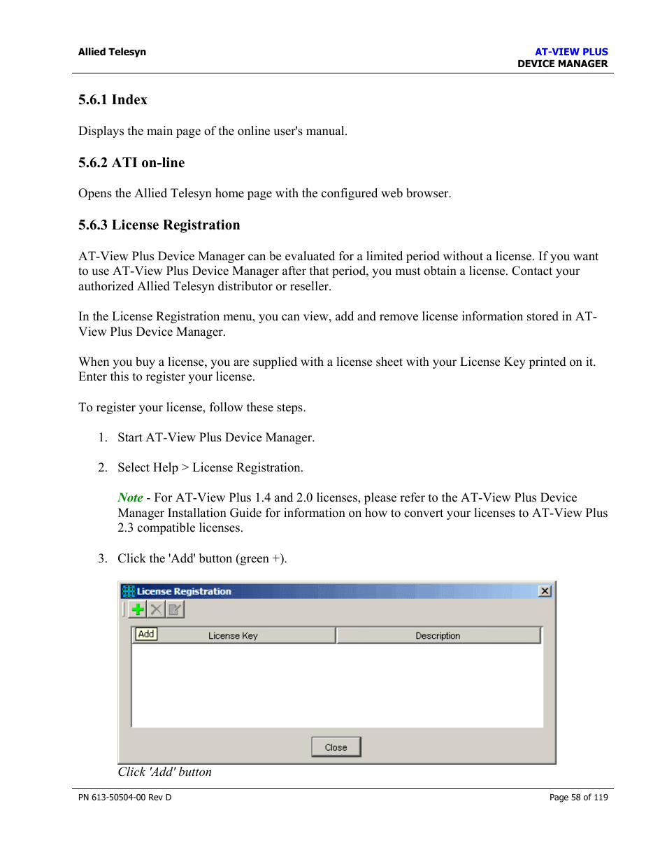 1 index, 2 ati on-line, 3 license registration | Ati on-line, License registration | Allied Telesis AT-VIEW PLUS 2.4 DEVICE MANAGER User Manual | Page 58 / 119