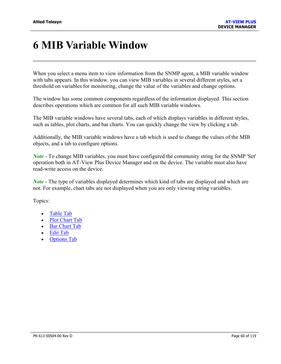 6 mib variable window, Mib variable window | Allied Telesis AT-VIEW PLUS 2.4 DEVICE MANAGER User Manual | Page 60 / 119