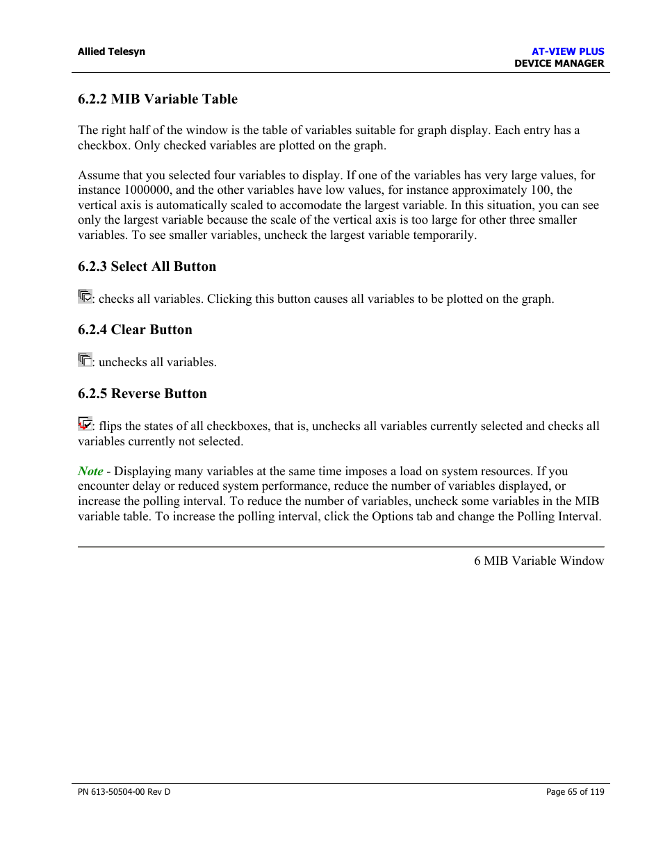 2 mib variable table, 3 select all button, 4 clear button | 5 reverse button, Select all button, Clear button, Reverse button | Allied Telesis AT-VIEW PLUS 2.4 DEVICE MANAGER User Manual | Page 65 / 119