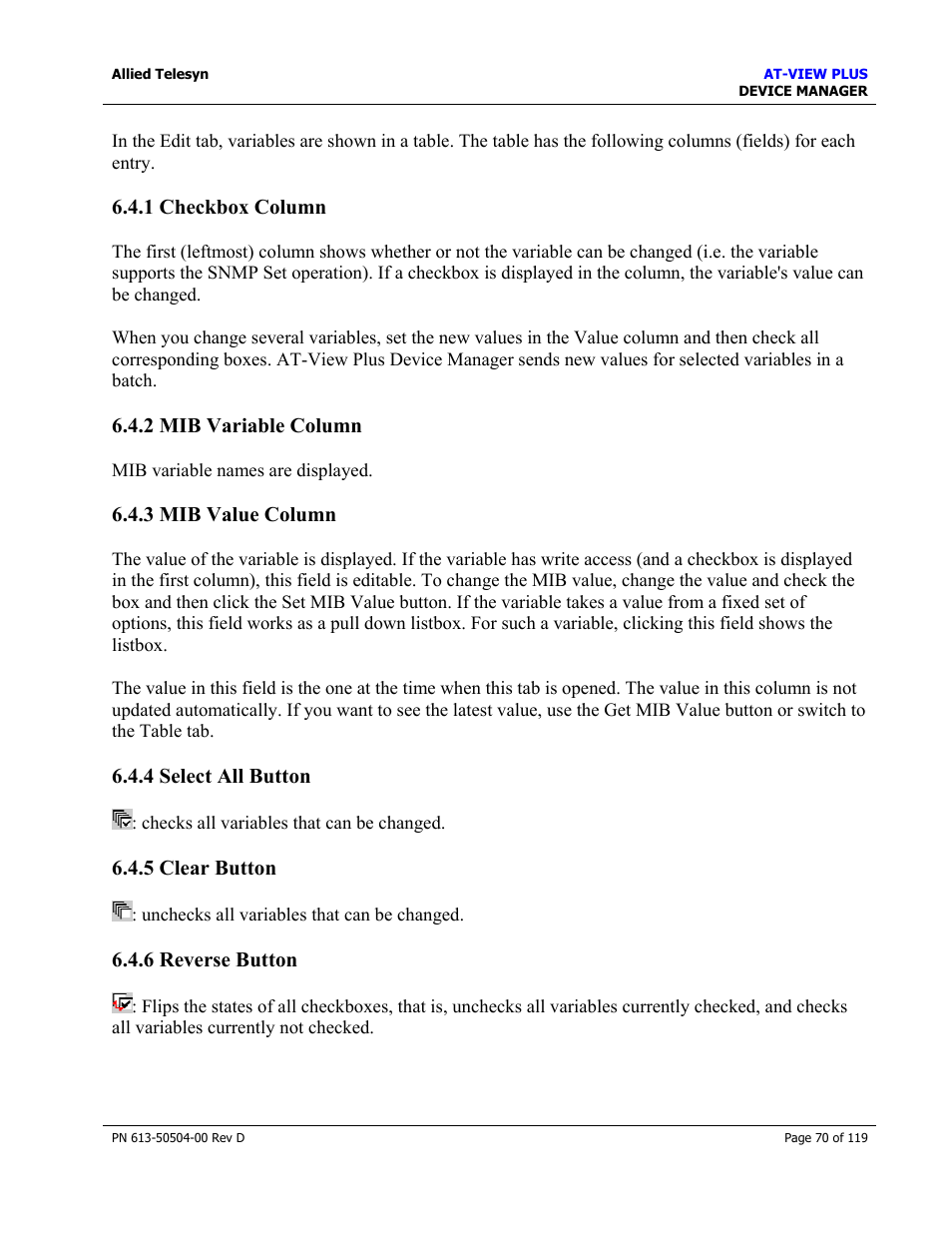 1 checkbox column, 2 mib variable column, 3 mib value column | 4 select all button, 5 clear button, 6 reverse button, Checkbox column, Mib variable column, Mib value column, Select all button | Allied Telesis AT-VIEW PLUS 2.4 DEVICE MANAGER User Manual | Page 70 / 119