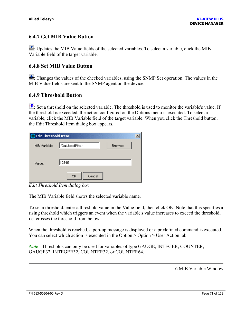 7 get mib value button, 8 set mib value button, 9 threshold button | Set mib value button, Threshold button | Allied Telesis AT-VIEW PLUS 2.4 DEVICE MANAGER User Manual | Page 71 / 119