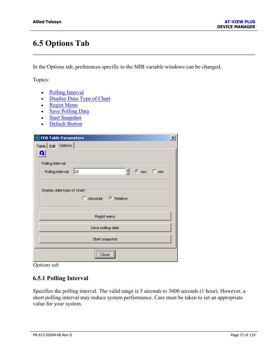 5 options tab, 1 polling interval, Options tab | Allied Telesis AT-VIEW PLUS 2.4 DEVICE MANAGER User Manual | Page 72 / 119