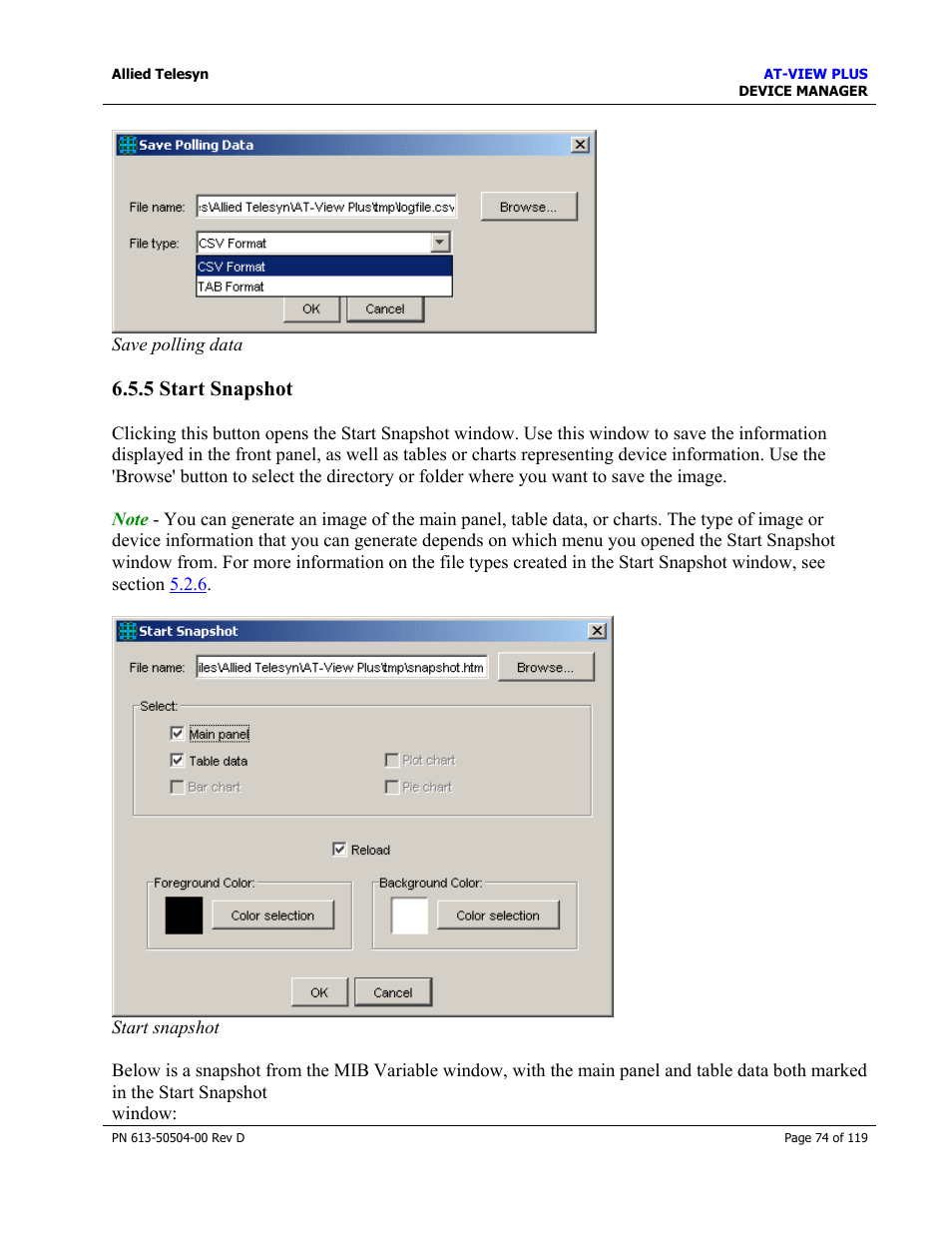 5 start snapshot, Start snapshot | Allied Telesis AT-VIEW PLUS 2.4 DEVICE MANAGER User Manual | Page 74 / 119