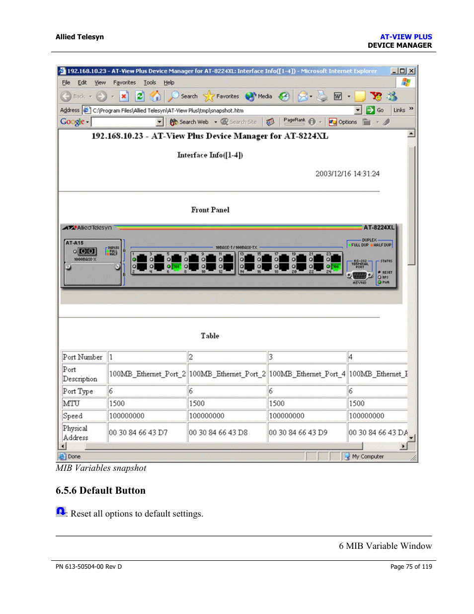 6 default button, Default button | Allied Telesis AT-VIEW PLUS 2.4 DEVICE MANAGER User Manual | Page 75 / 119
