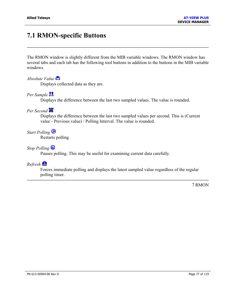 1 rmon-specific buttons, Rmon-specific buttons | Allied Telesis AT-VIEW PLUS 2.4 DEVICE MANAGER User Manual | Page 77 / 119