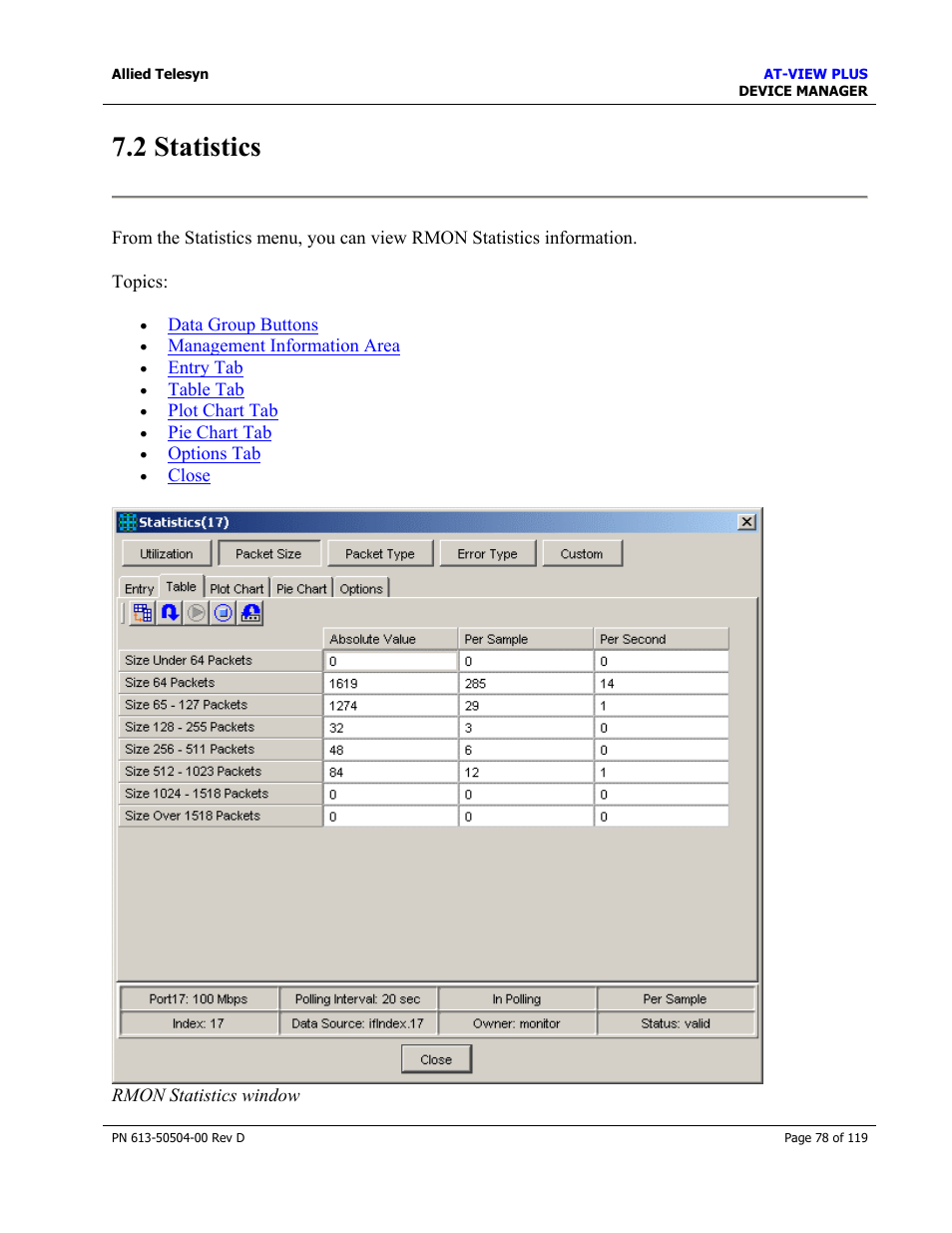 2 statistics, Statistics | Allied Telesis AT-VIEW PLUS 2.4 DEVICE MANAGER User Manual | Page 78 / 119