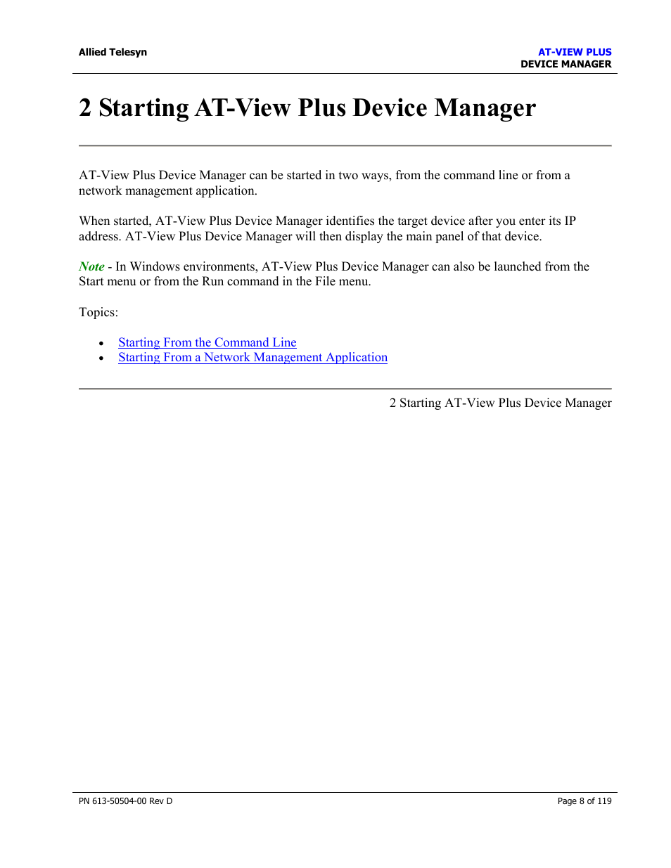 2 starting at-view plus device manager, Starting at-view plus device manager | Allied Telesis AT-VIEW PLUS 2.4 DEVICE MANAGER User Manual | Page 8 / 119