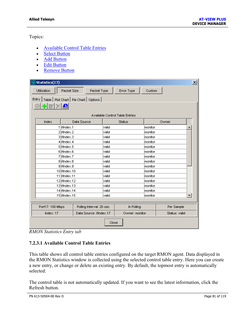 1 available control table entries | Allied Telesis AT-VIEW PLUS 2.4 DEVICE MANAGER User Manual | Page 81 / 119