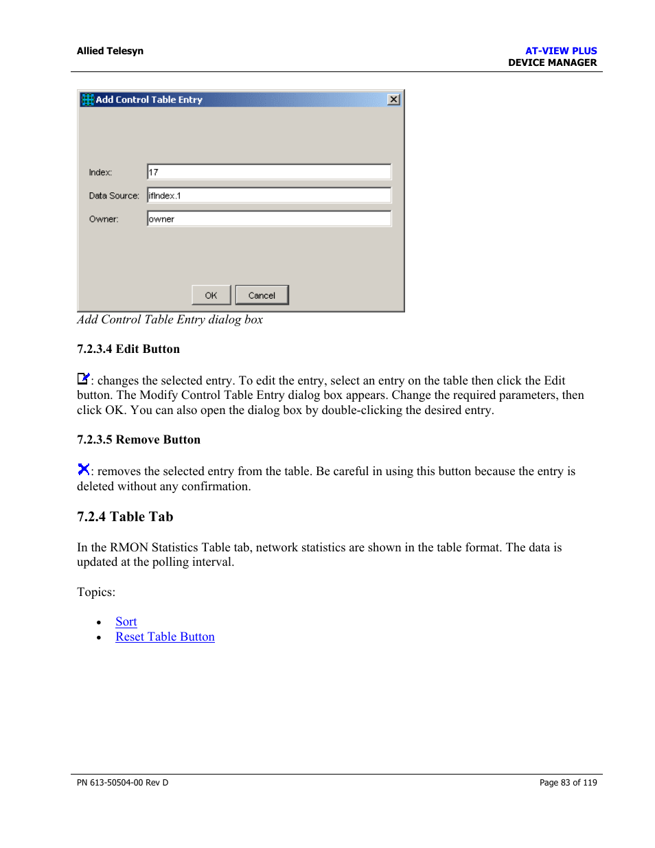 4 edit button, 5 remove button, 4 table tab | Table tab, Edit button, Remove button | Allied Telesis AT-VIEW PLUS 2.4 DEVICE MANAGER User Manual | Page 83 / 119