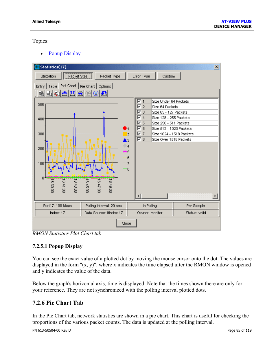 1 popup display, 6 pie chart tab, Pie chart tab | Allied Telesis AT-VIEW PLUS 2.4 DEVICE MANAGER User Manual | Page 85 / 119