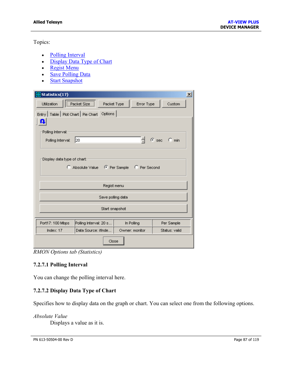 1 polling interval, 2 display data type of chart | Allied Telesis AT-VIEW PLUS 2.4 DEVICE MANAGER User Manual | Page 87 / 119