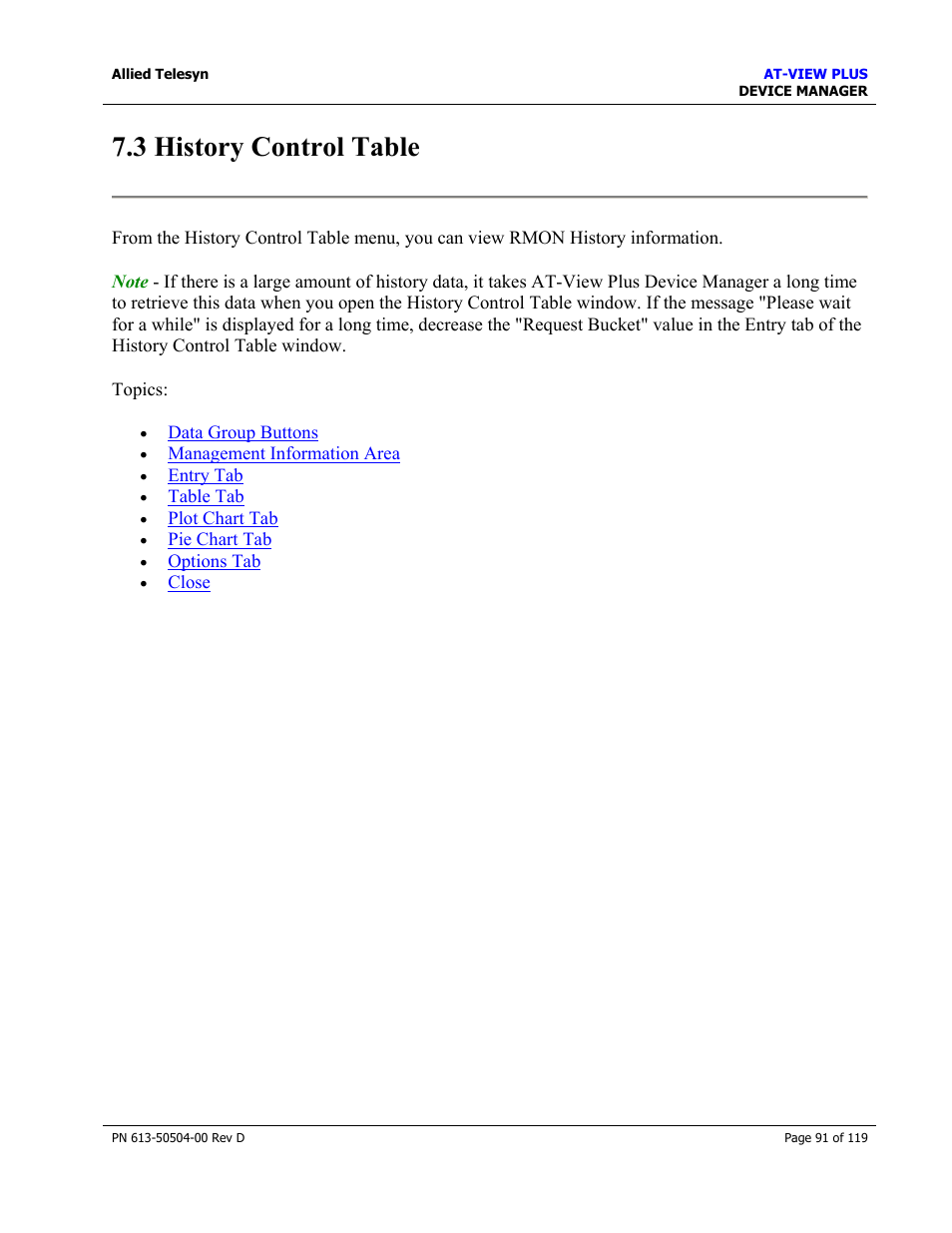 3 history control table, History control table | Allied Telesis AT-VIEW PLUS 2.4 DEVICE MANAGER User Manual | Page 91 / 119