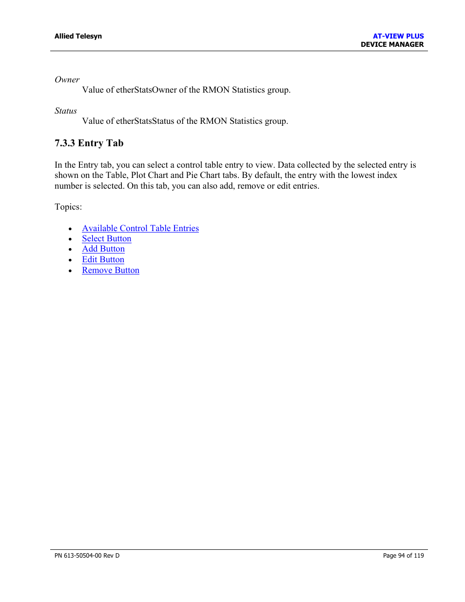 3 entry tab, Entry tab | Allied Telesis AT-VIEW PLUS 2.4 DEVICE MANAGER User Manual | Page 94 / 119