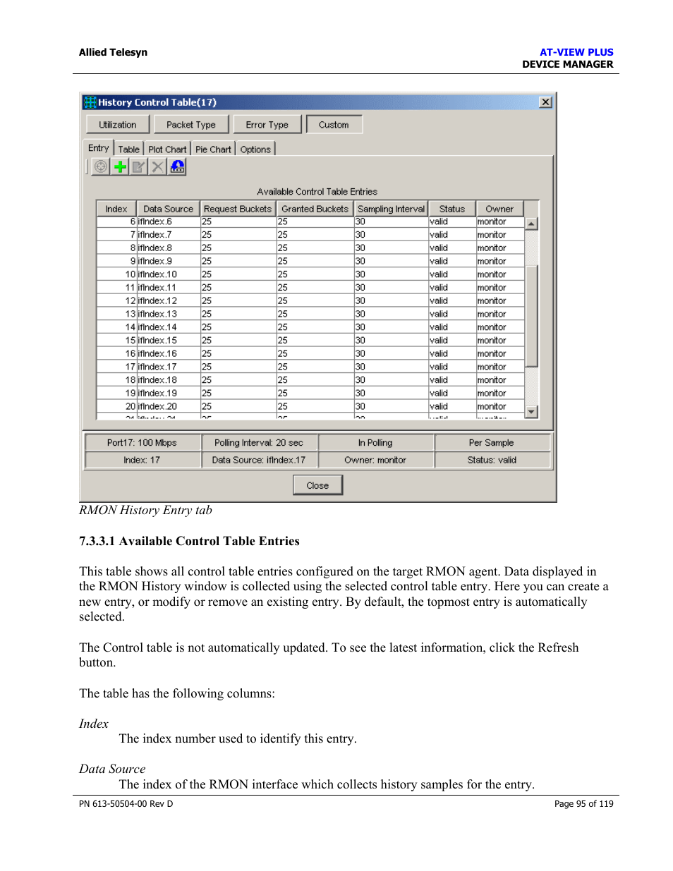 1 available control table entries, Available control table entries | Allied Telesis AT-VIEW PLUS 2.4 DEVICE MANAGER User Manual | Page 95 / 119