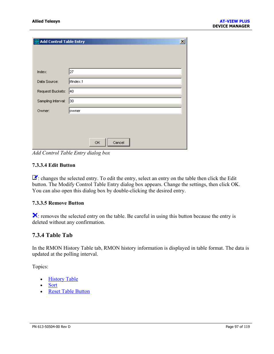 4 edit button, 5 remove button, 4 table tab | Table tab, Edit button, Remove button | Allied Telesis AT-VIEW PLUS 2.4 DEVICE MANAGER User Manual | Page 97 / 119