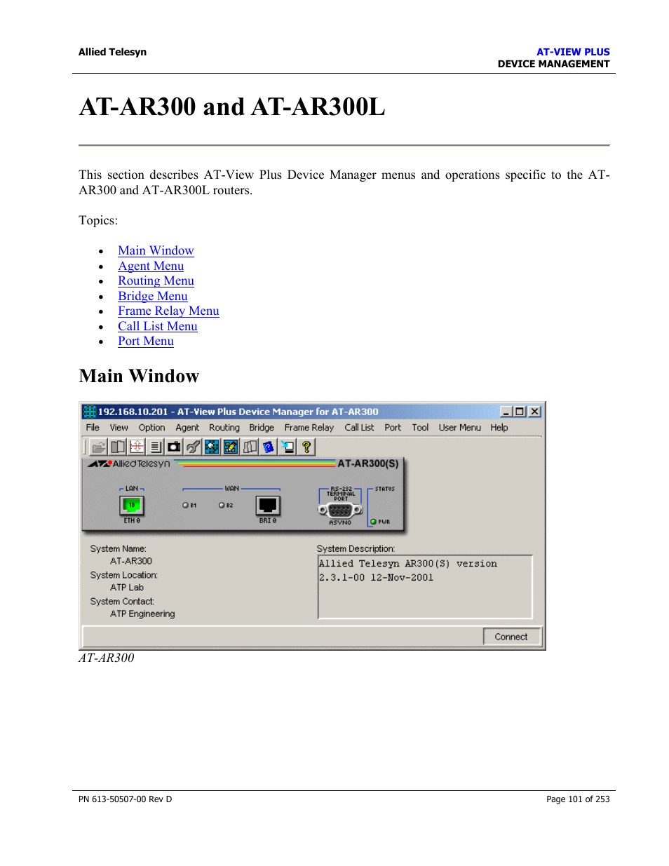 At-ar300 and at-ar300l, Main window | Allied Telesis AT-VIEW PLUS 2.4 DEVICE MANAGEMENT User Manual | Page 101 / 253