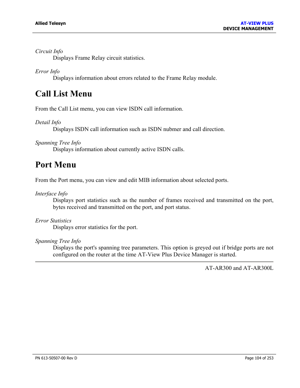 Call list menu, Port menu, Call list menu port menu | Allied Telesis AT-VIEW PLUS 2.4 DEVICE MANAGEMENT User Manual | Page 104 / 253