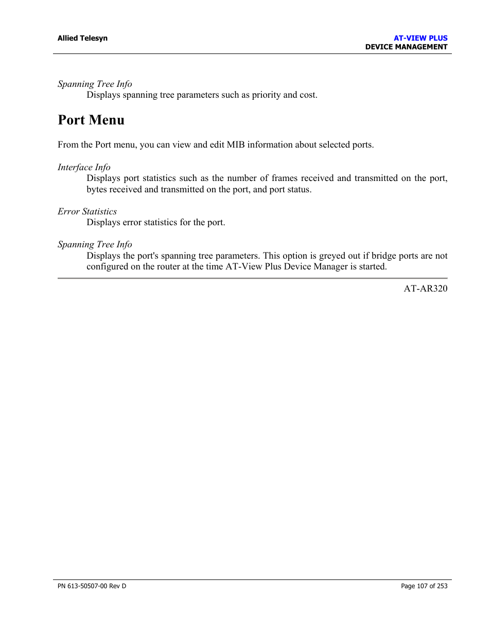 Port menu | Allied Telesis AT-VIEW PLUS 2.4 DEVICE MANAGEMENT User Manual | Page 107 / 253